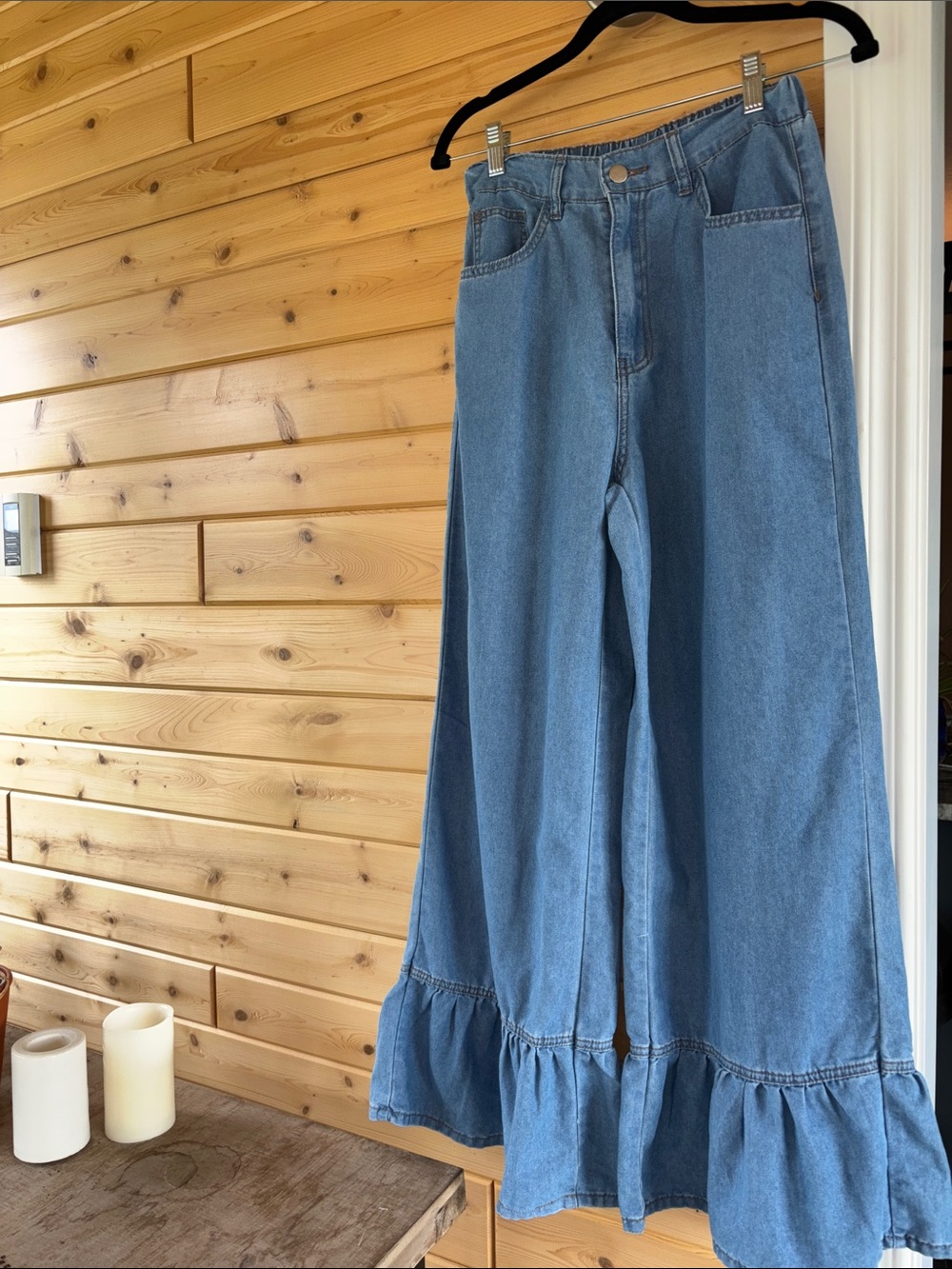 SHEIN Light Blue Ruffle-Hem Wide Leg Jeans